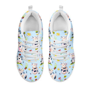 Watercolor Cartoon Cow Pattern Print White Running Shoes
