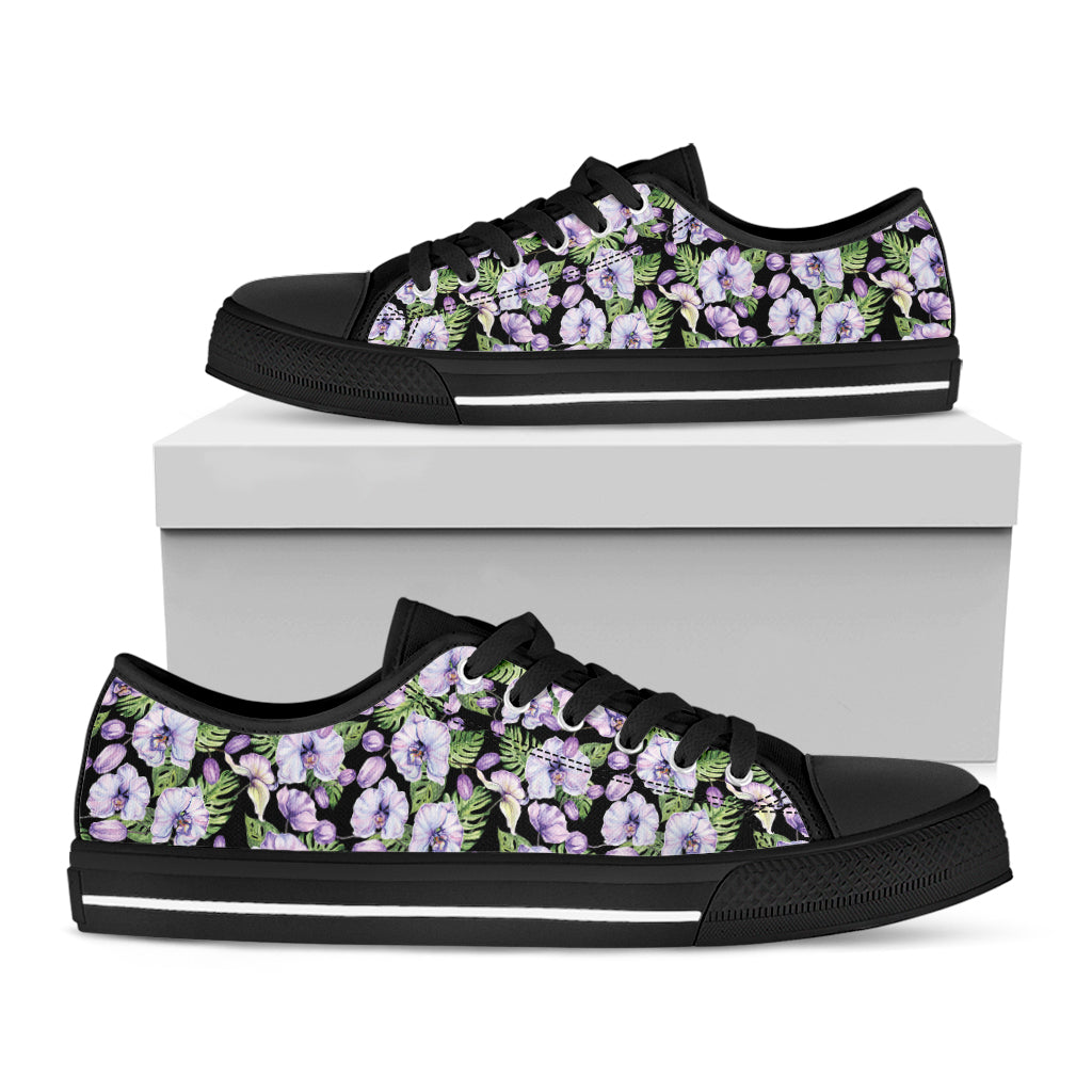 Watercolor Cattleya Pattern Print Black Low Top Sneakers