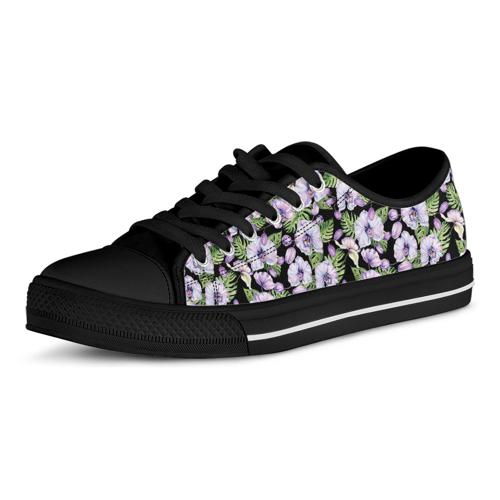 Watercolor Cattleya Pattern Print Black Low Top Sneakers