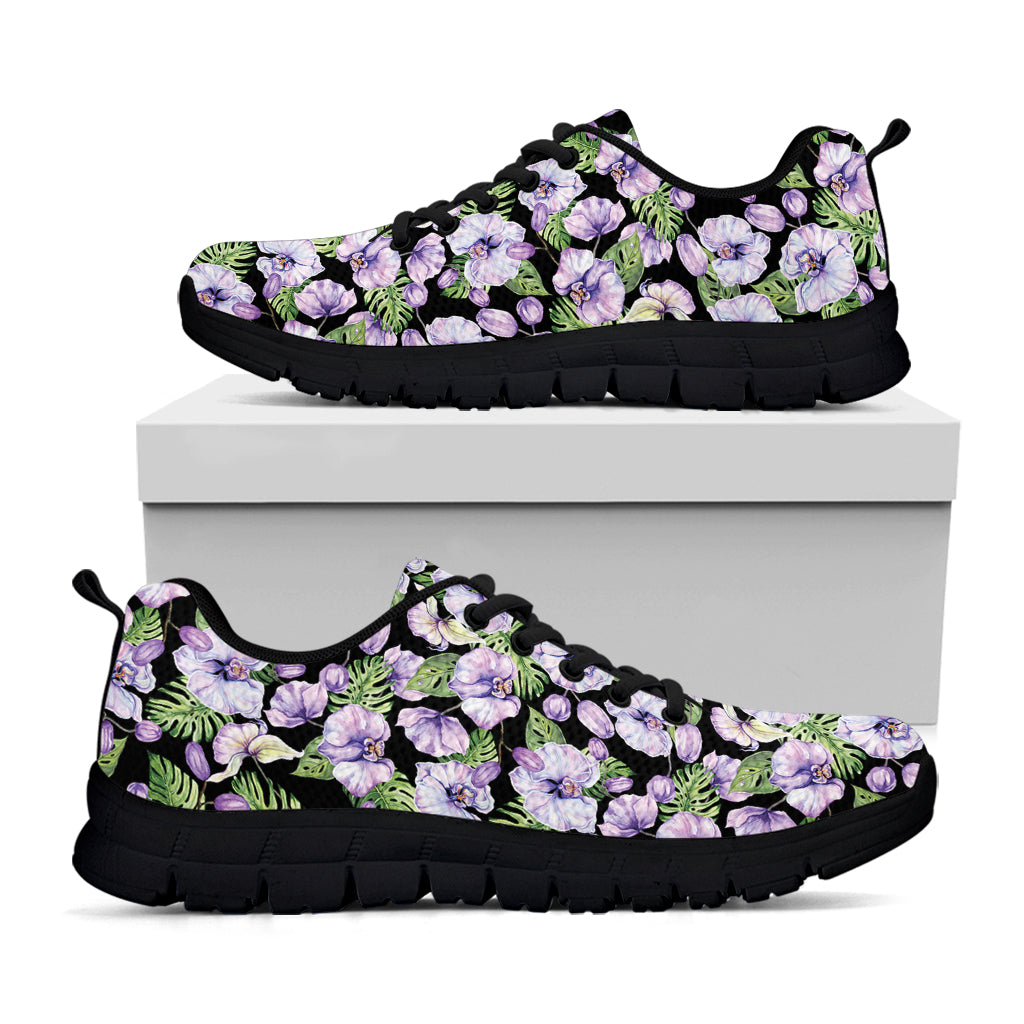 Watercolor Cattleya Pattern Print Black Running Shoes