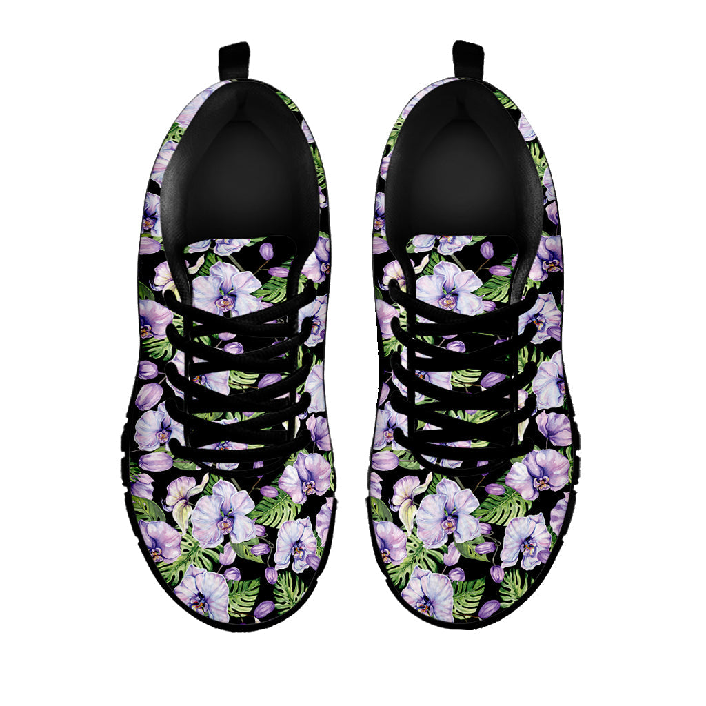 Watercolor Cattleya Pattern Print Black Running Shoes