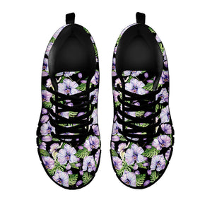 Watercolor Cattleya Pattern Print Black Running Shoes