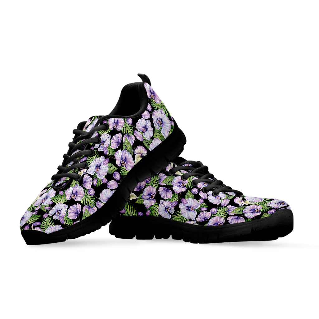 Watercolor Cattleya Pattern Print Black Running Shoes