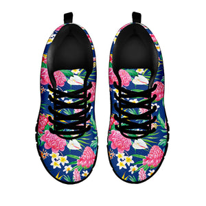 Watercolor Chrysanthemum Pattern Print Black Running Shoes
