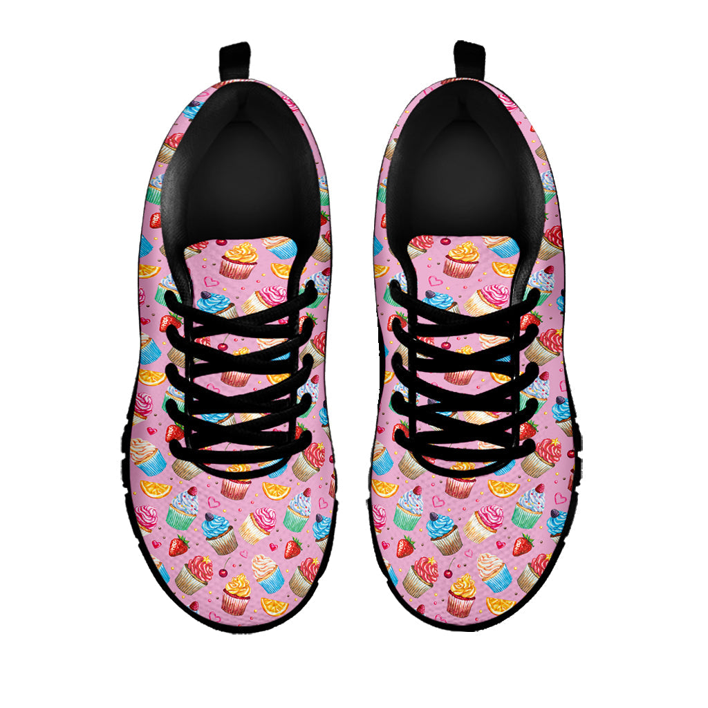 Watercolor Cupcake Pattern Print Black Running Shoes