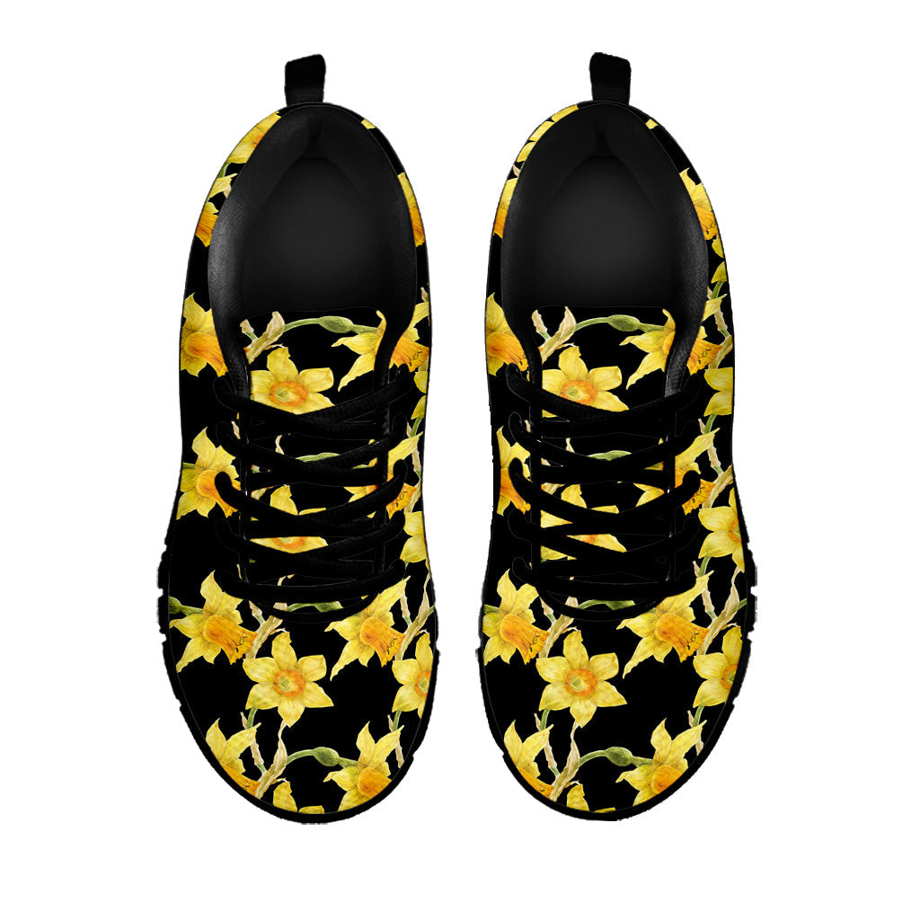 Watercolor Daffodil Flower Pattern Print Black Running Shoes