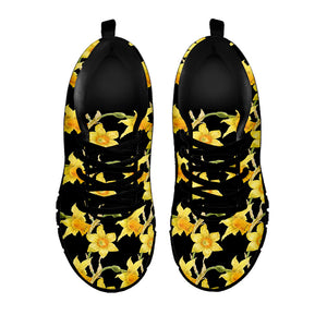 Watercolor Daffodil Flower Pattern Print Black Running Shoes