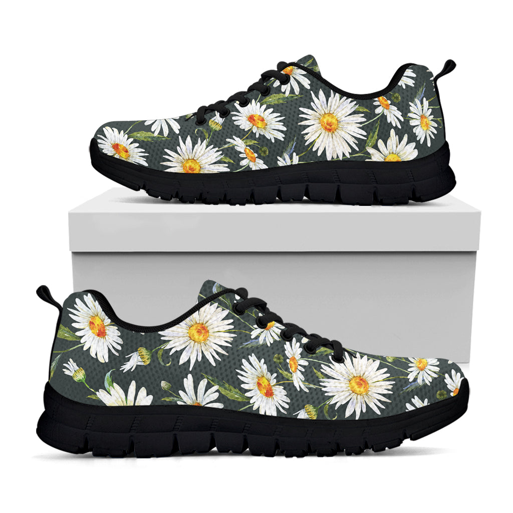 Watercolor Daisy Flower Pattern Print Black Running Shoes