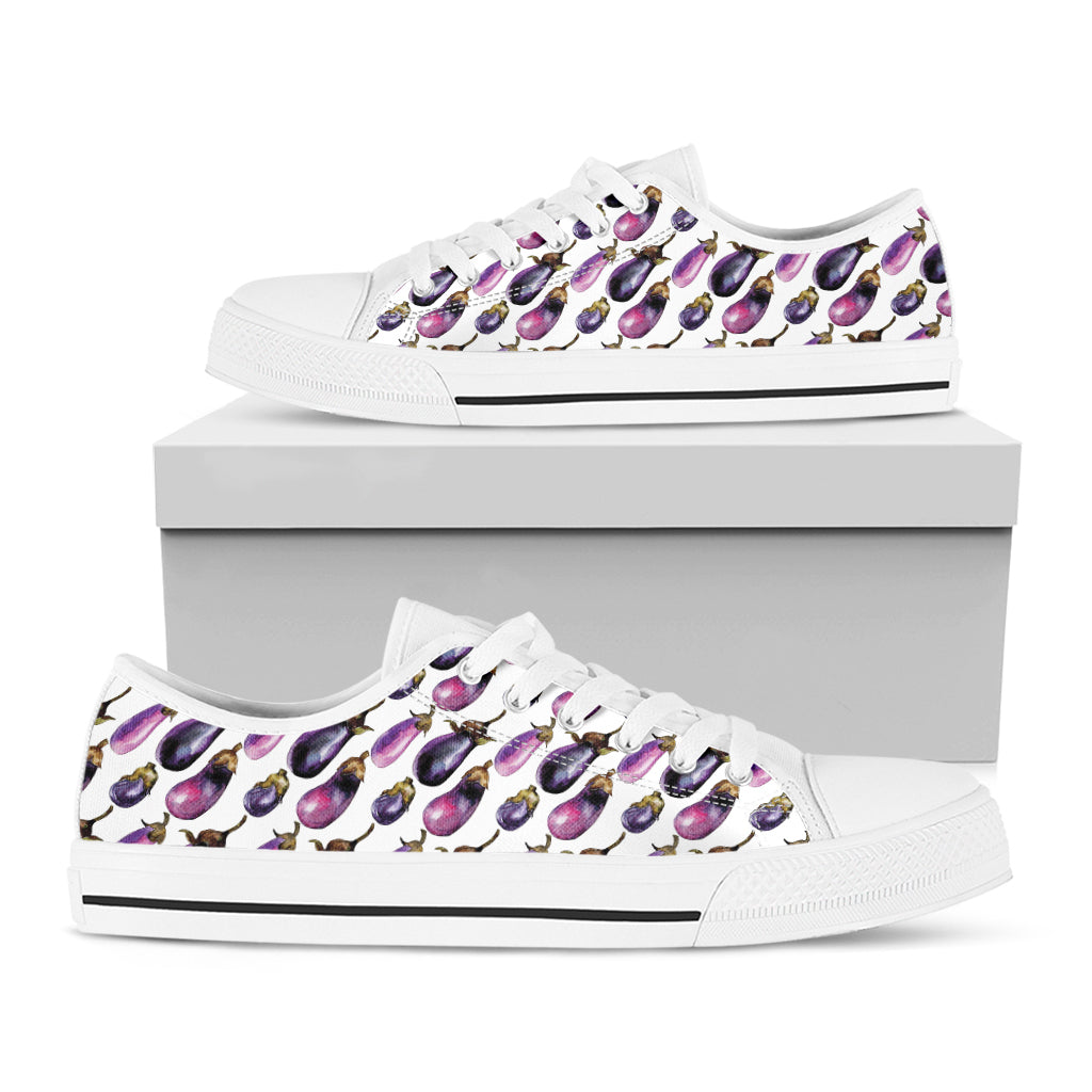 Watercolor Eggplant Pattern Print White Low Top Sneakers