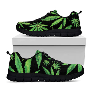 Watercolor Marijuana Leaf Pattern Print Black Running Shoes