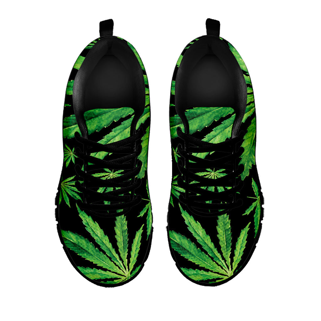 Watercolor Marijuana Leaf Pattern Print Black Running Shoes