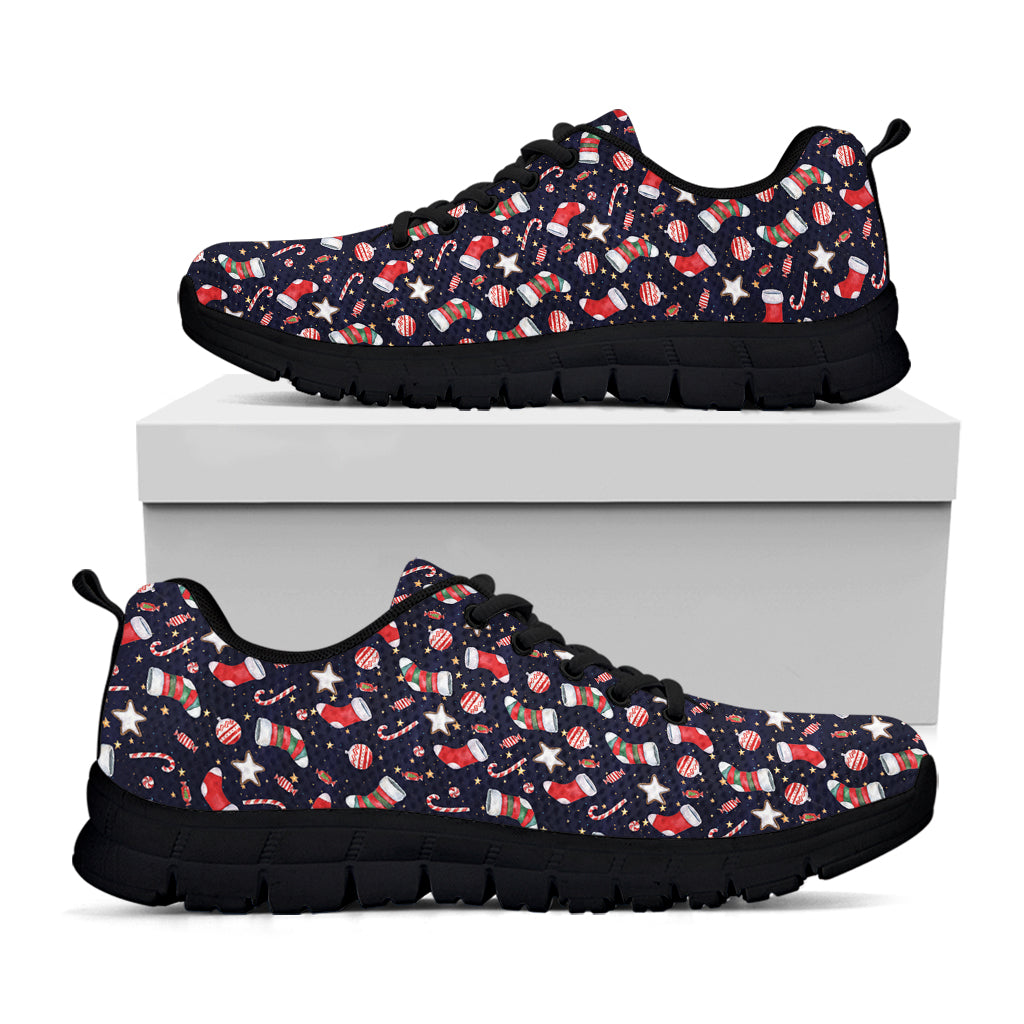 Watercolor Merry Christmas Pattern Print Black Running Shoes