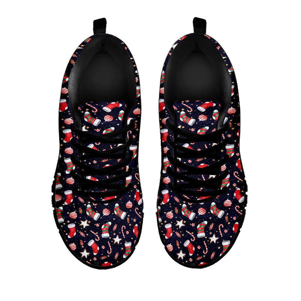 Watercolor Merry Christmas Pattern Print Black Running Shoes