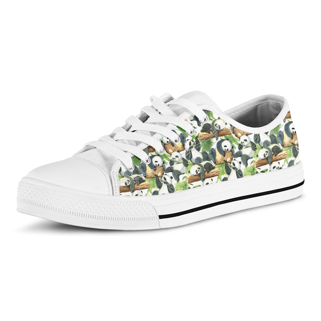 Watercolor Panda Bear Pattern Print White Low Top Sneakers