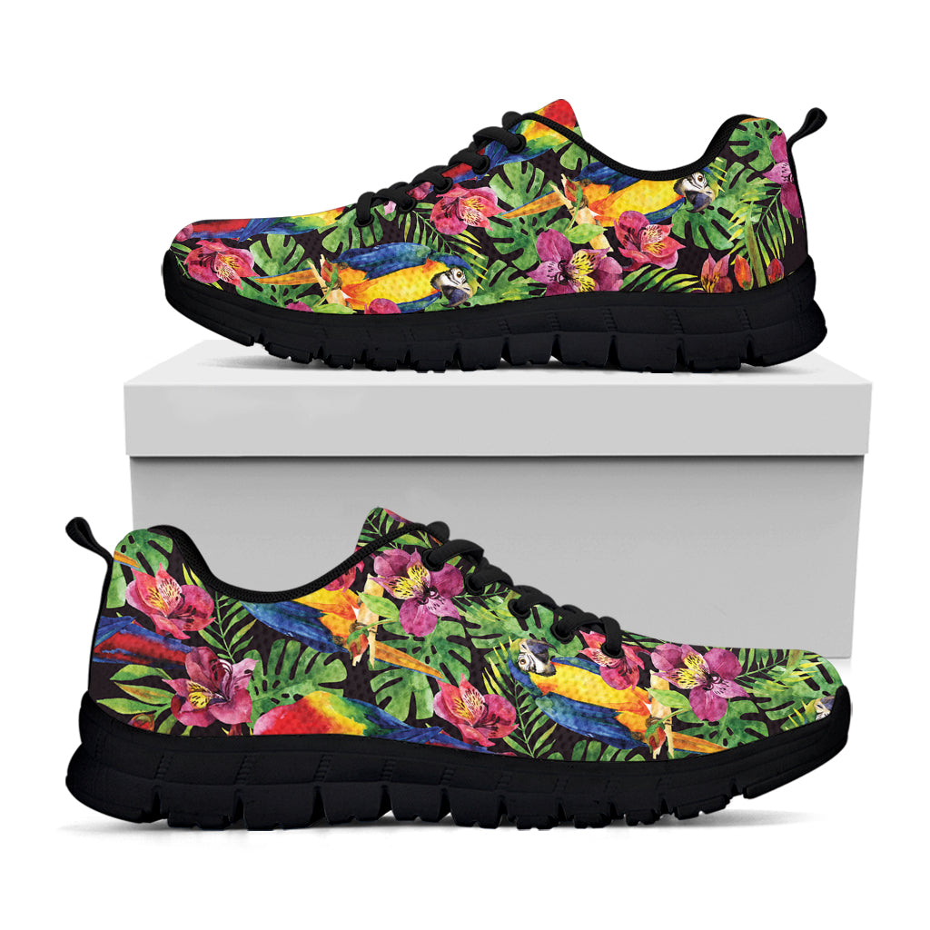 Watercolor Parrot Pattern Print Black Running Shoes