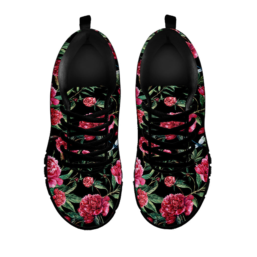 Watercolor Peony Pattern Print Black Running Shoes