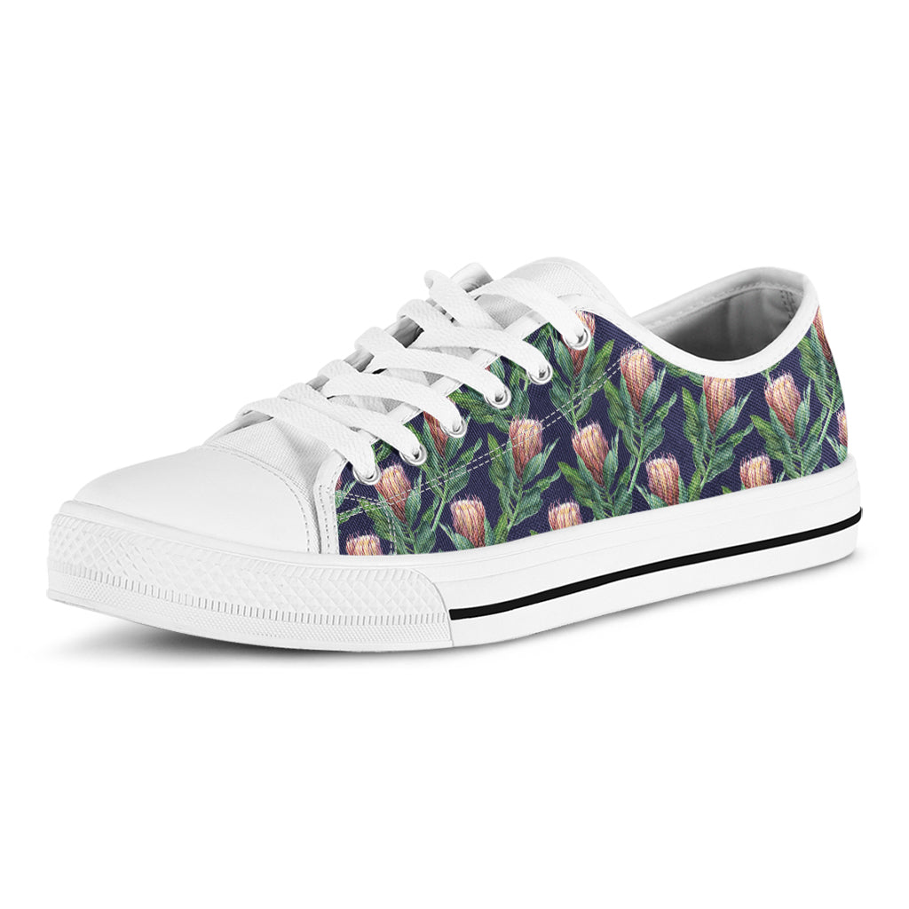 Watercolor Protea Pattern Print White Low Top Sneakers
