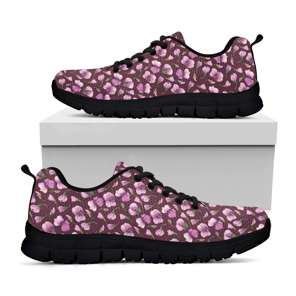 Watercolor Sweet Pea Pattern Print Black Running Shoes