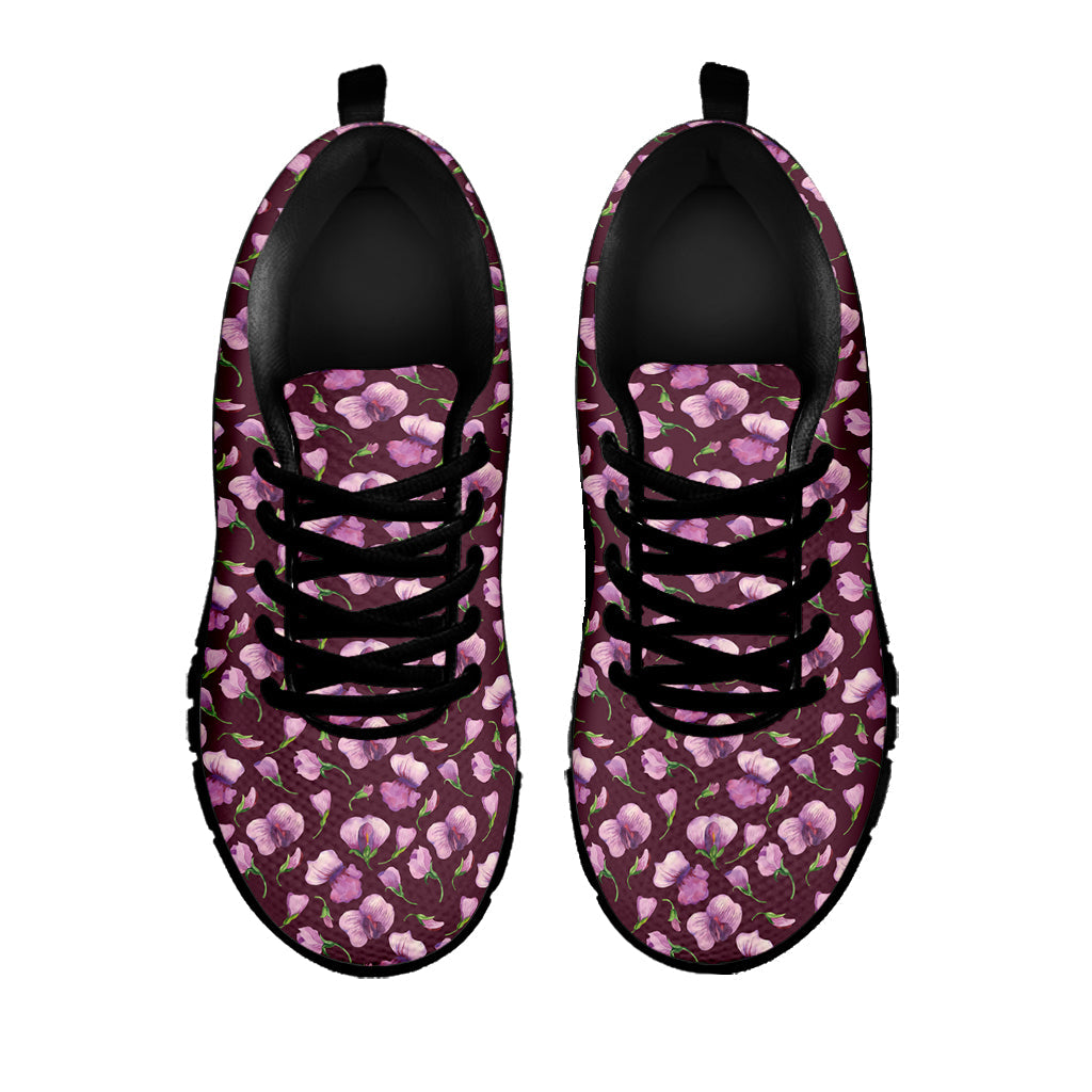 Watercolor Sweet Pea Pattern Print Black Running Shoes