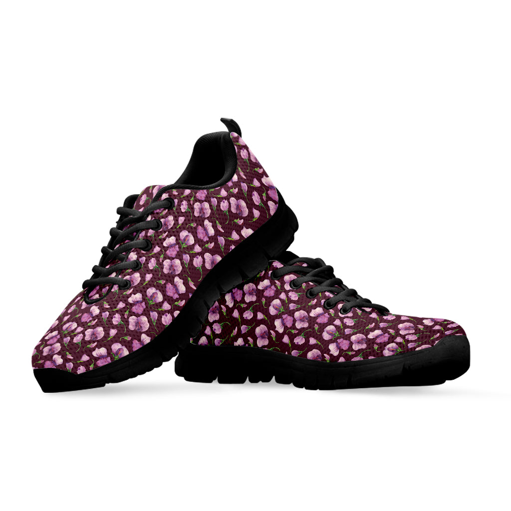 Watercolor Sweet Pea Pattern Print Black Running Shoes