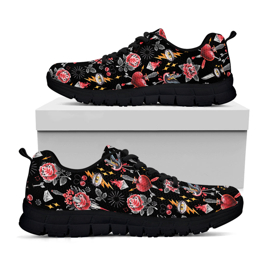 Watercolor Tattoo Print Black Running Shoes