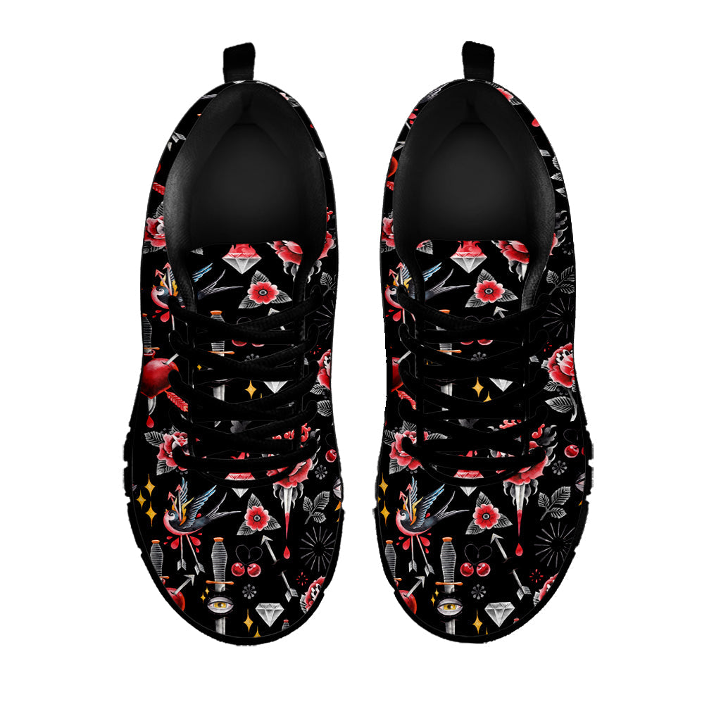 Watercolor Tattoo Print Black Running Shoes
