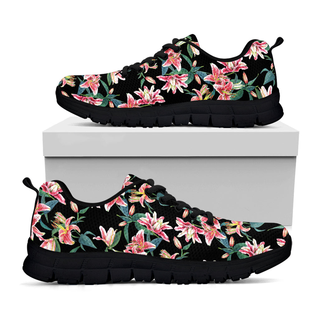 Watercolor Tropical Lily Pattern Print Black Running Shoes