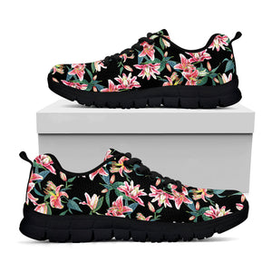 Watercolor Tropical Lily Pattern Print Black Running Shoes
