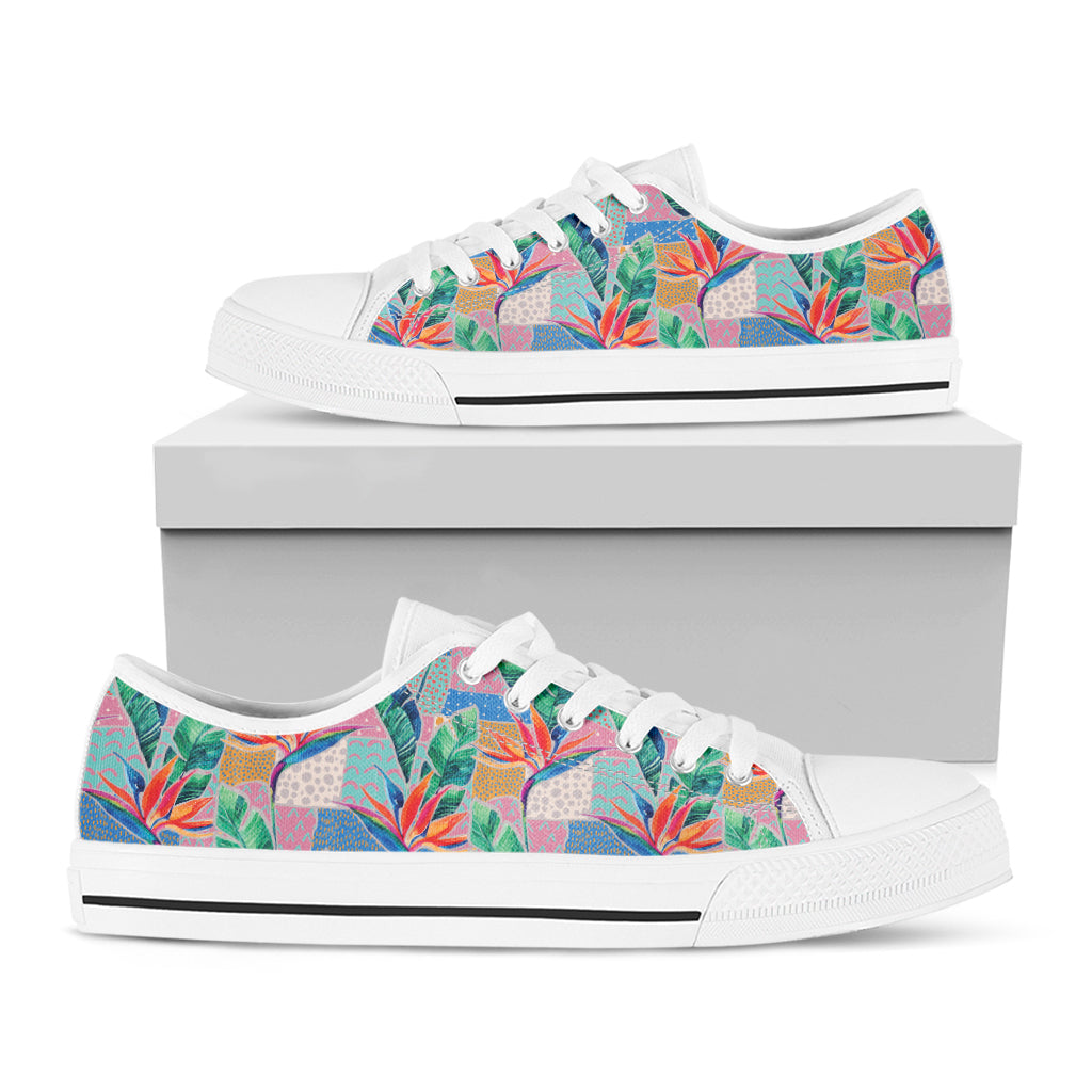 Watercolor Tropical Patchwork Print White Low Top Sneakers