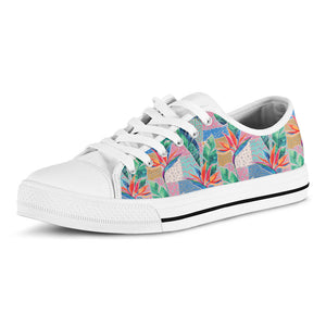 Watercolor Tropical Patchwork Print White Low Top Sneakers