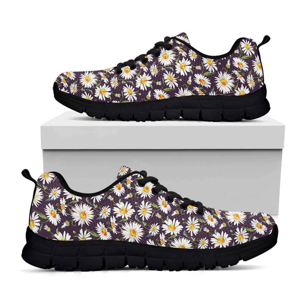 Watercolor White Daisy Pattern Print Black Running Shoes
