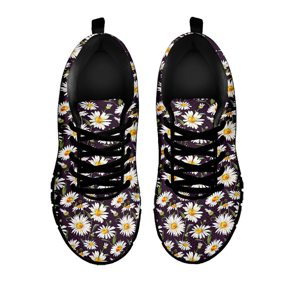 Watercolor White Daisy Pattern Print Black Running Shoes