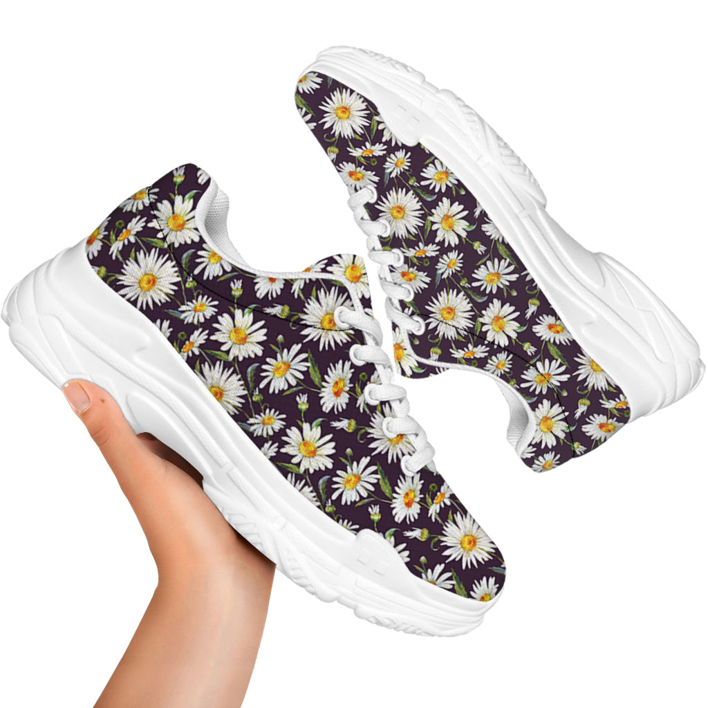 Watercolor White Daisy Pattern Print White Chunky Shoes