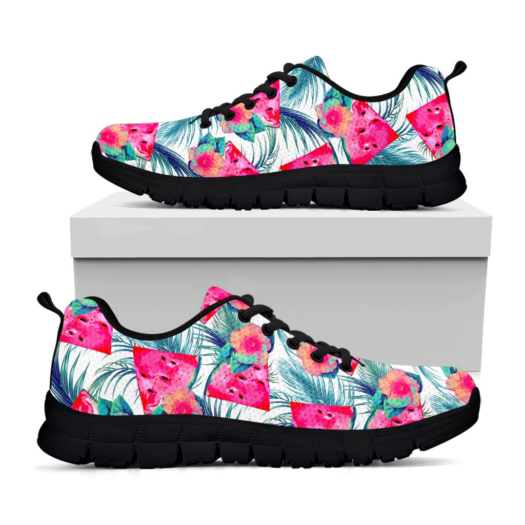 Watermelon Teal Hawaiian Pattern Print Black Running Shoes