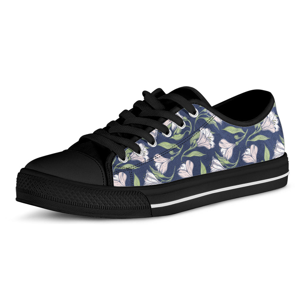 White Alstroemeria Pattern Print Black Low Top Sneakers