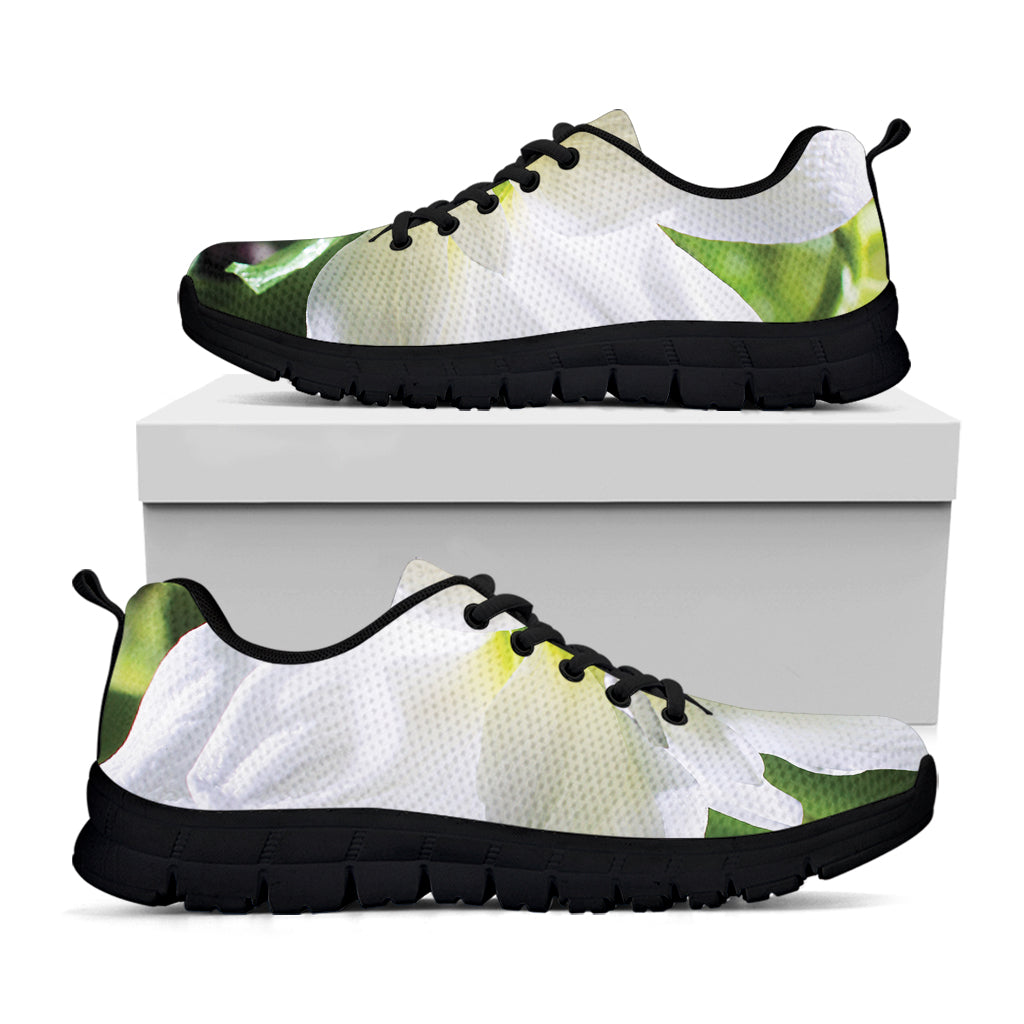 White Amaryllis Print Black Running Shoes