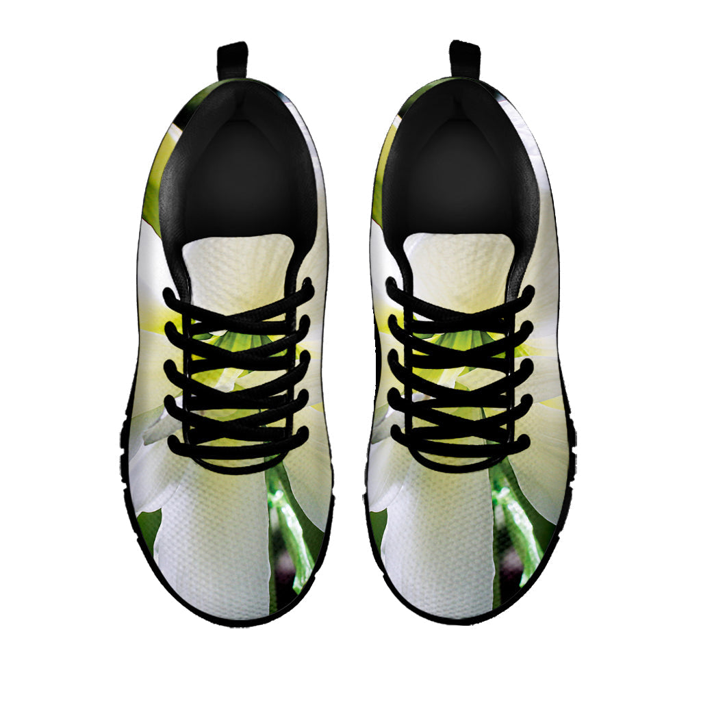 White Amaryllis Print Black Running Shoes