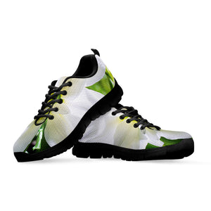 White Amaryllis Print Black Running Shoes