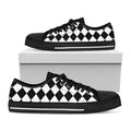 White And Black Argyle Pattern Print Black Low Top Sneakers
