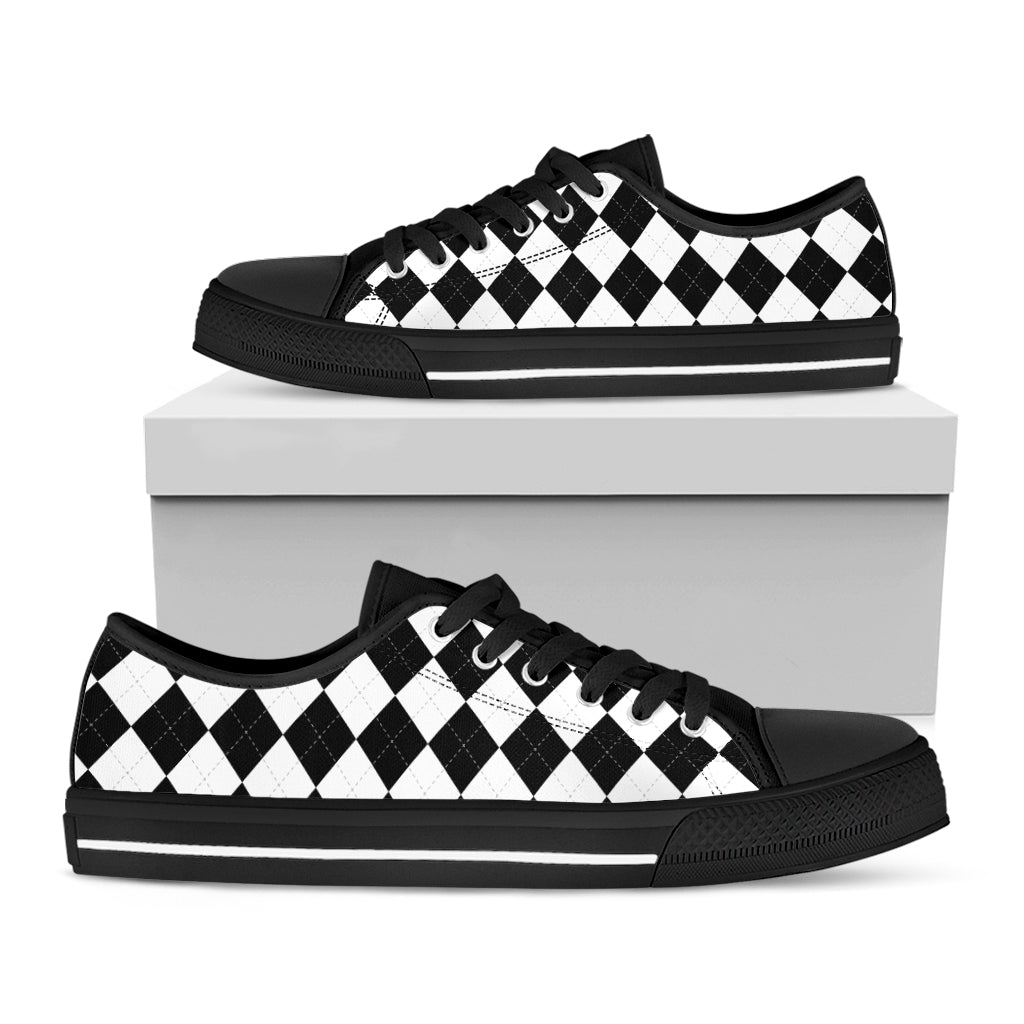 White And Black Argyle Pattern Print Black Low Top Sneakers