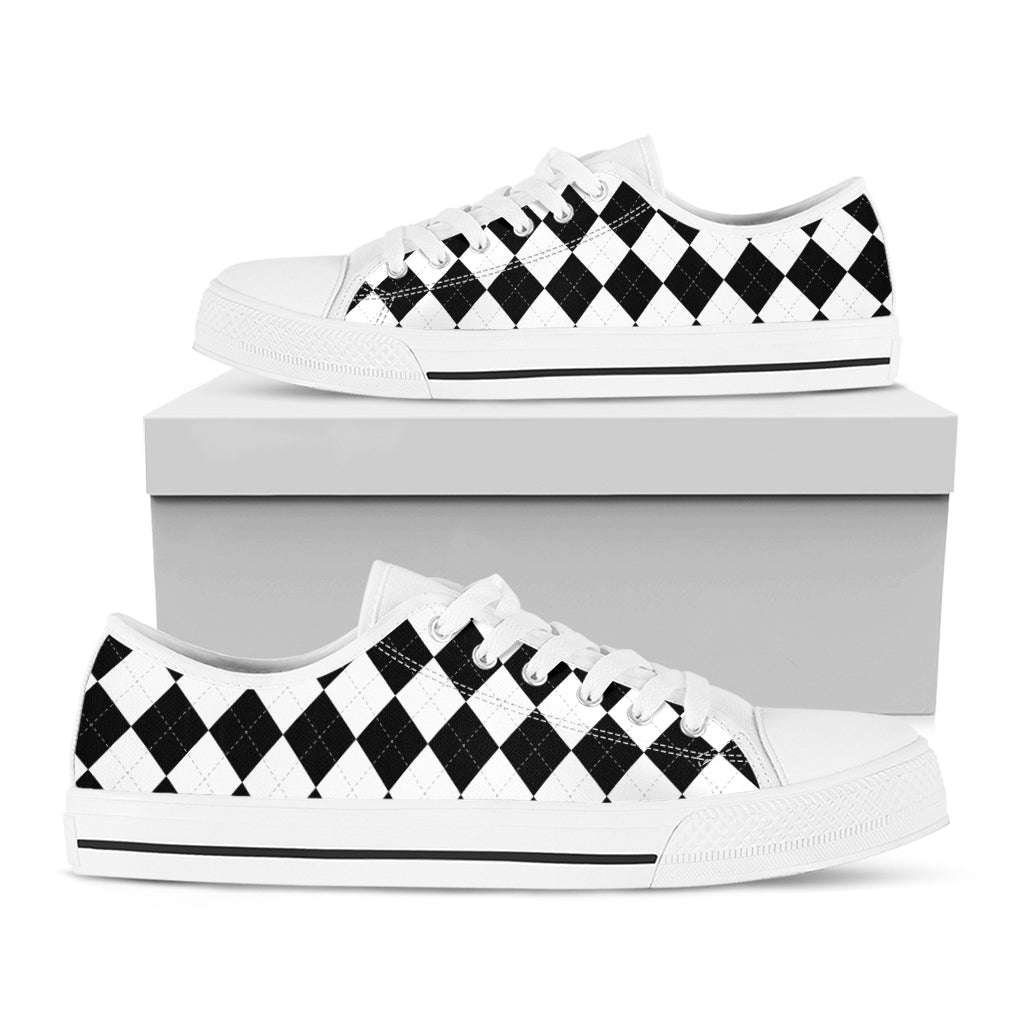 White And Black Argyle Pattern Print White Low Top Sneakers