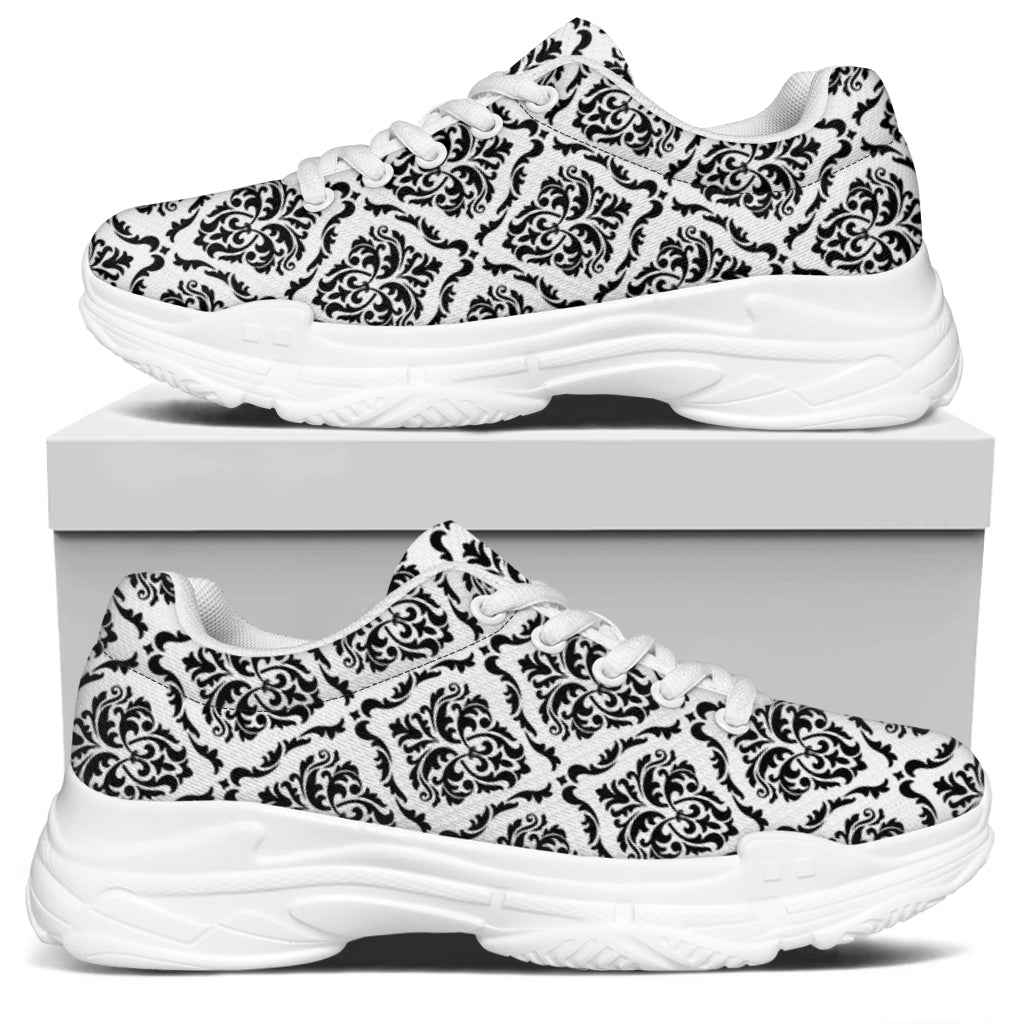 White And Black Damask Pattern Print White Chunky Shoes