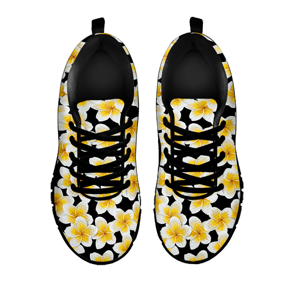 White And Black Frangipani Pattern Print Black Running Shoes
