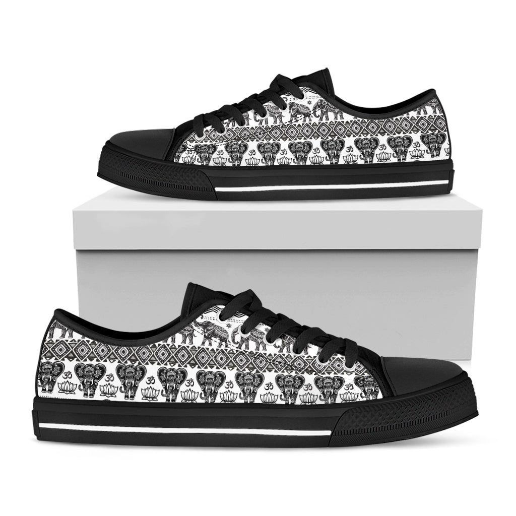 White And Black Indian Elephant Print Black Low Top Sneakers