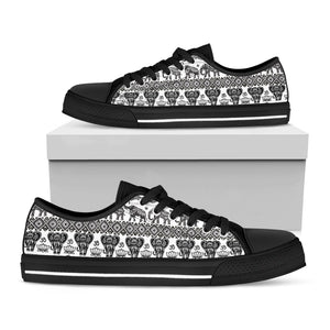 White And Black Indian Elephant Print Black Low Top Sneakers