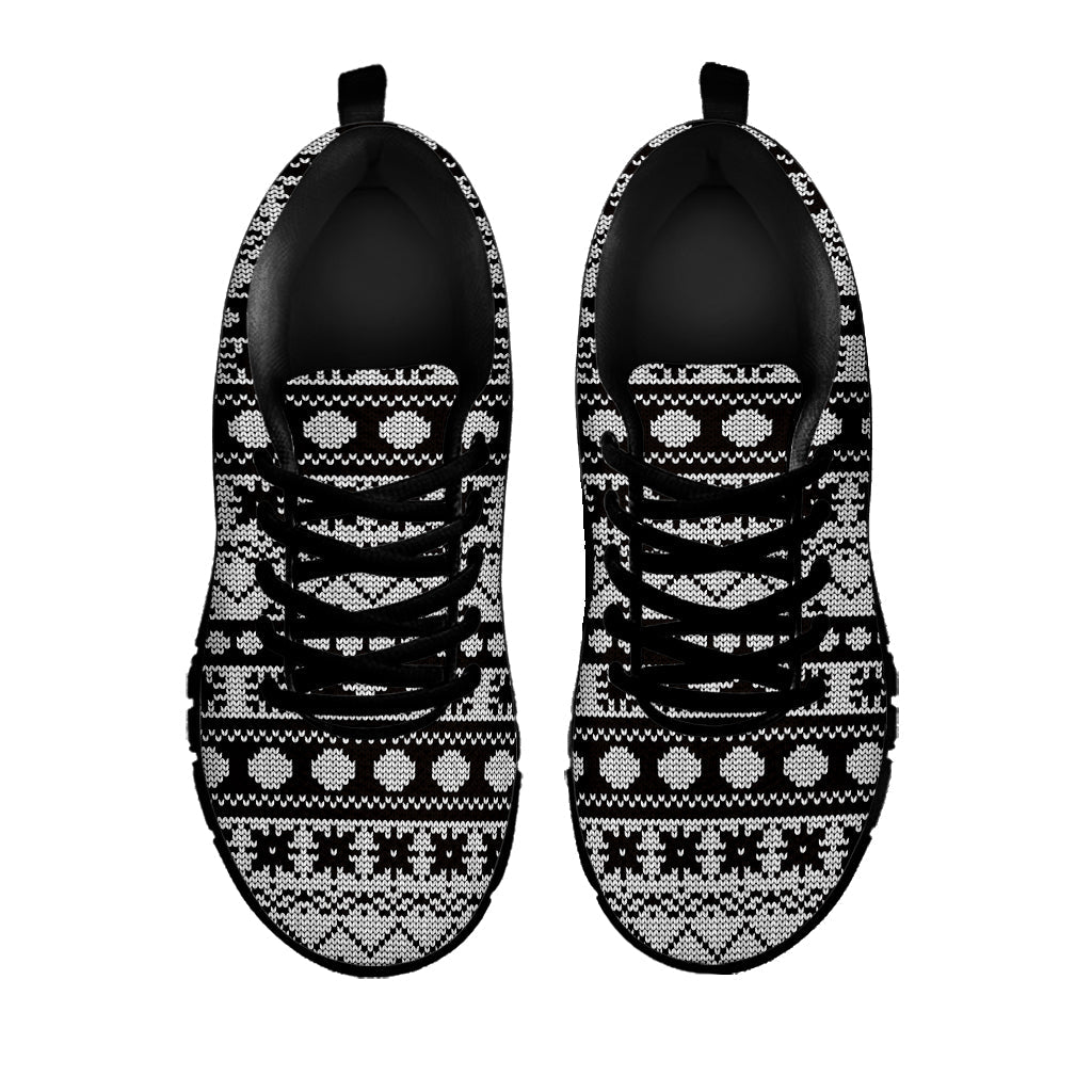 White And Black Knitted Pattern Print Black Running Shoes