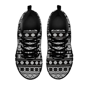 White And Black Knitted Pattern Print Black Running Shoes