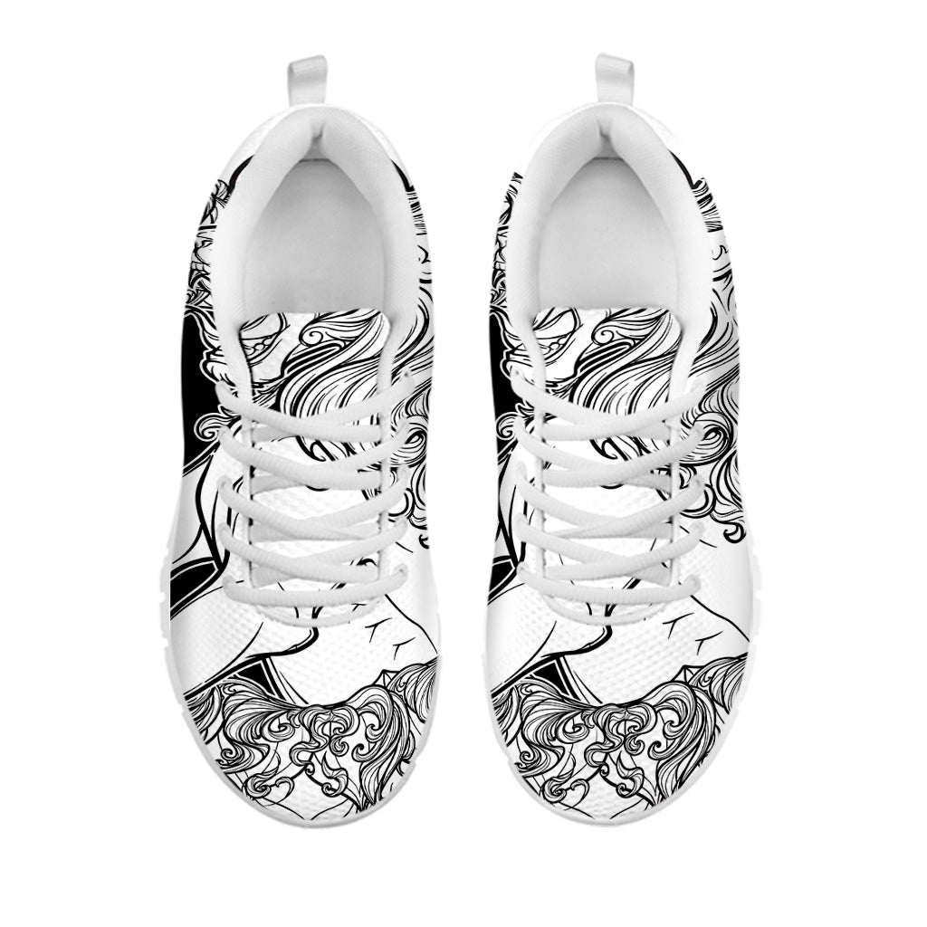 White And Black Leo Sign Print White Running Shoes