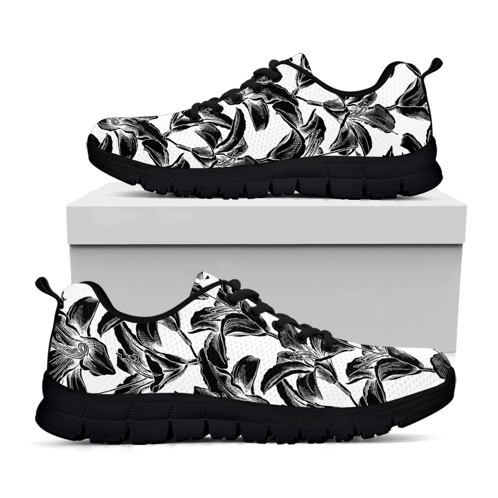 White And Black Lily Pattern Print Black Running Shoes