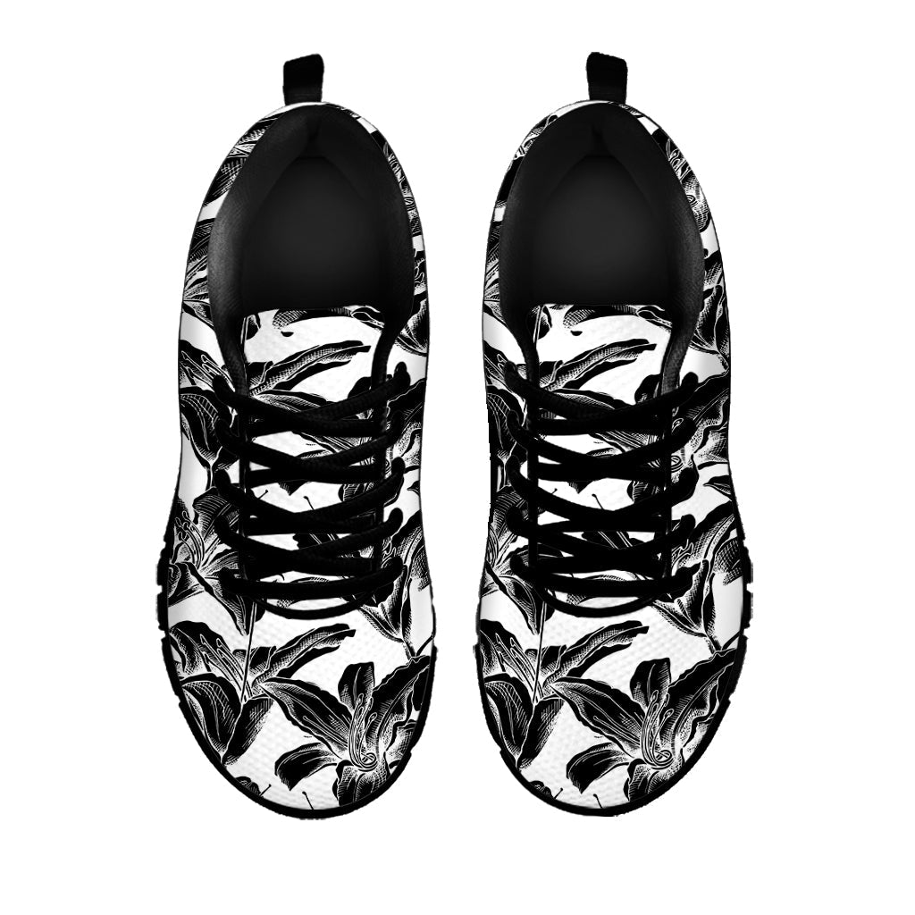 White And Black Lily Pattern Print Black Running Shoes